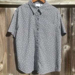Black + white check, small white daisy print oversized button up short sleeve